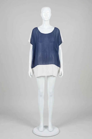 Bluzka oversize dwukolorowa - Granatowy/Biały  50% jedwab