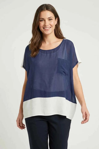 Bluzka oversize dwukolorowa - Granatowy/Biały  50% jedwab