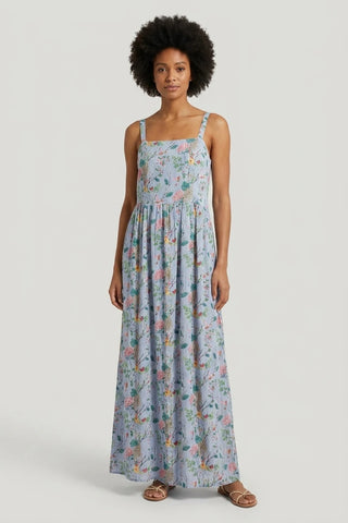 Niebieska Letnia Sukienka Maxi w Kwiaty
