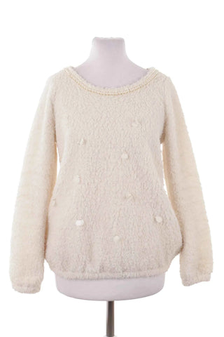 Sweter Boucle z perłami i cekinami - Kremowy