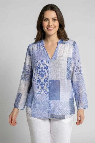 Bluzka damska patchwork niebiesko-biała
