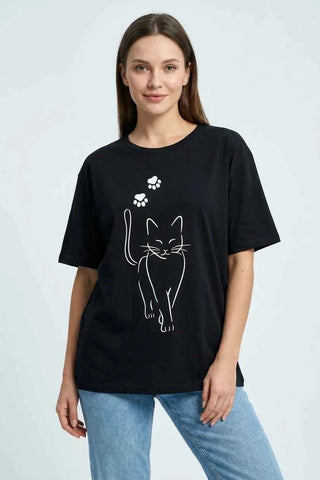T-shirt  z nadrukiem kota - Czarny