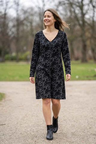 Sukienka Długi Rękaw w Kwiaty - Czarno-Szara