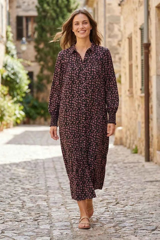 Sukienka koszulowa maxi w kwiaty - Czarna