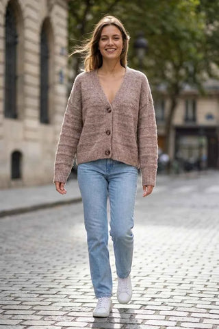 Sweter rozpinany oversize dzianinowy - Beżowy  4% wełna