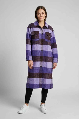 Kurtka koszulowa oversize w kratę - Fioletowo-Brązowa
