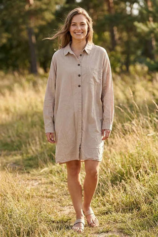 Sukienka koszulowa oversize - Beżowa  55% len