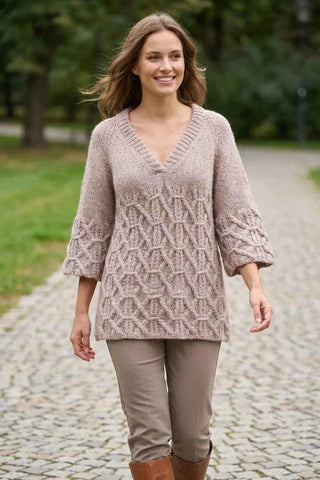 Sweter damski wełniany wzorzysty - Beżowy  60% moher  20% wełna