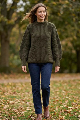 Sweter Damski Luźny Gruby Splot - Zielony  30% wełna