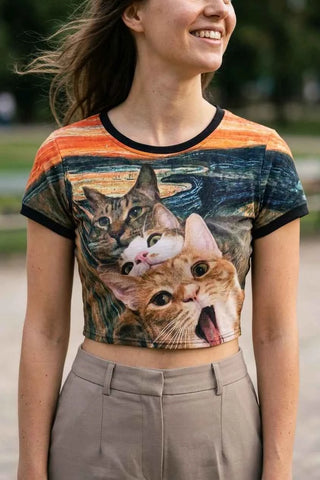 Koszulka crop top z motywem kotów - Pomarańczowa