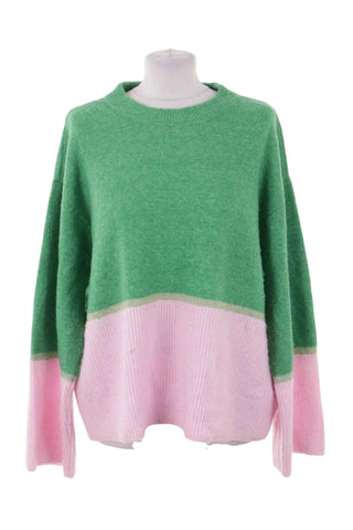 Sweter damski oversize color-block - Zielono-różowy
