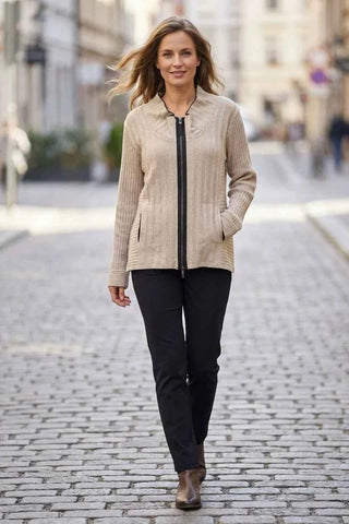 Sweter rozpinany prążkowany - Beżowy  20% len