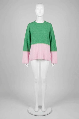 Sweter damski oversize color-block - Zielono-różowy