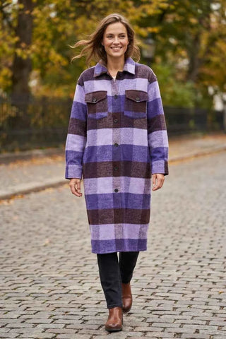 Kurtka koszulowa oversize w kratę - Fioletowo-Brązowa