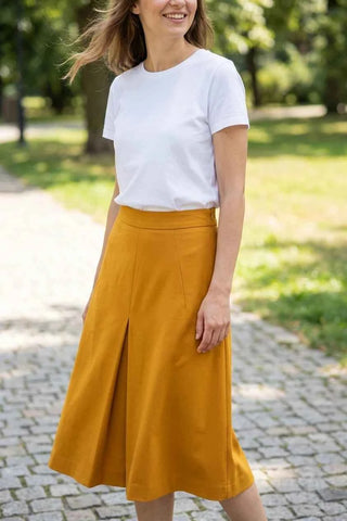 Spódnica trapezowa midi - musztardowa