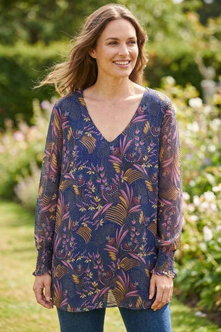 Bluzka- tunika Kwiatowa V-neck Długi Rękaw - Granatowa