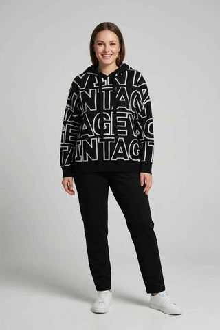 Bluza z kapturem dzianinowa wzór Vintage - Czarna