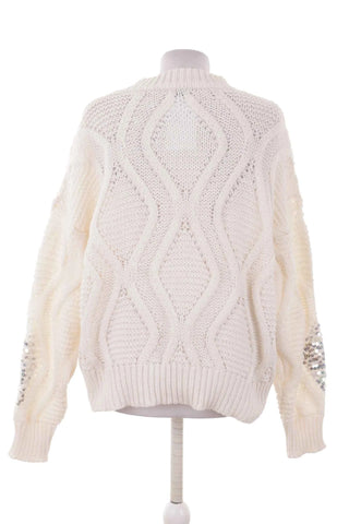 Sweter damski splot warkoczowy z cekinami