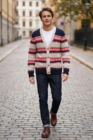 Sweter rozpinany wzorzysty - Granatowo-beżowy  100% wełna