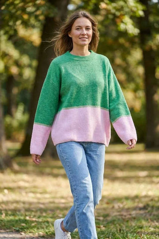 Sweter damski oversize color-block - Zielono-różowy