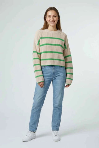 Sweter damski krótki  w paski - Beżowo-zielony