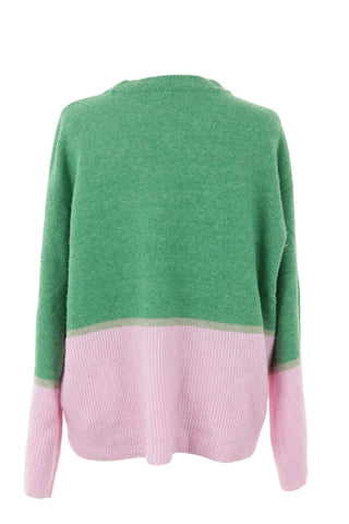Sweter damski oversize color-block - Zielono-różowy