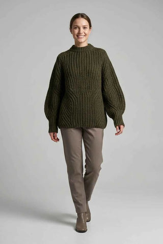 Sweter Damski Luźny Gruby Splot - Zielony  30% wełna