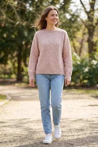 Sweter wełniany z okrągłym dekoltem - Beżowy  44% wełna , 15% alpaka