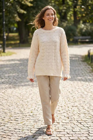 Sweter damski ażurowy luźny - Kremowy  9% wełna