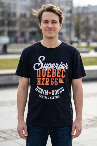 T-shirt męski bawełniany z nadrukiem Quebec - Granatowy