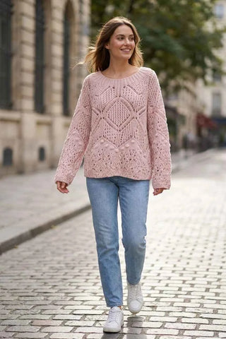 Sweter ażurowy o grubym splocie - Różowy  15% wełna, 5% alpaka