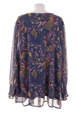 Bluzka- tunika Kwiatowa V-neck Długi Rękaw - Granatowa