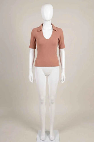 Koszulka polo prążkowana V-neck - Beżowa
