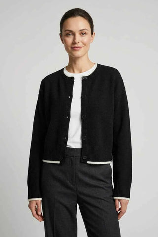 Sweter rozpinany z białą lamówką - Czarny   5% wełna