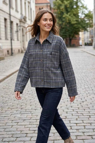 Kurtka koszulowa oversize w kratkę szara  50% wełna