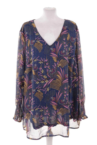 Bluzka- tunika Kwiatowa V-neck Długi Rękaw - Granatowa