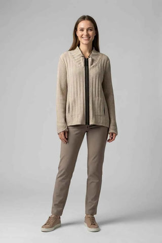 Sweter rozpinany prążkowany - Beżowy  20% len