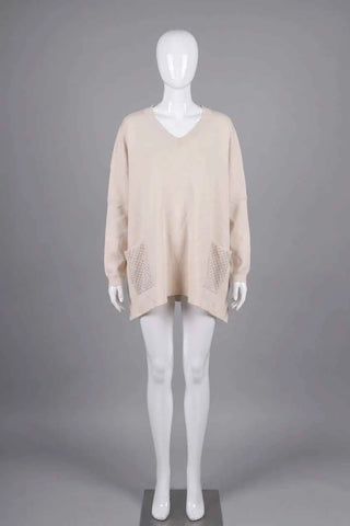 Sweter damski luźny dekolt V z dżetami - Kremowy 10% wełna