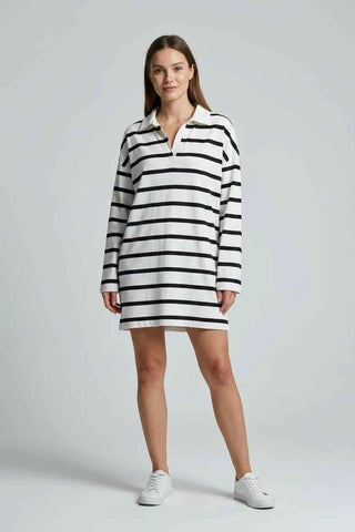 Sukienka  polo oversize w paski - Biało-czarna