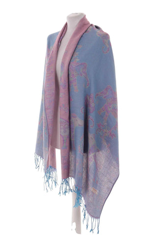 Dwustronna Wzór Słonie PASHMINA - Niebieski/Róż  100% kaszmir