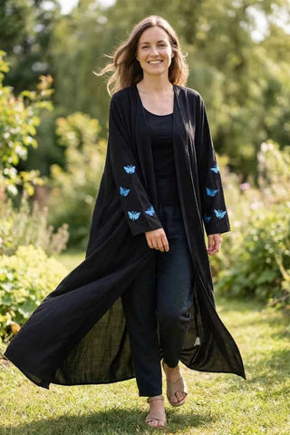 Kimono damskie z haftem w motyle - Czarny