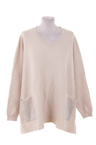 Sweter damski luźny dekolt V z dżetami - Kremowy 10% wełna