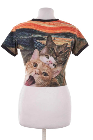 Koszulka crop top z motywem kotów - Pomarańczowa