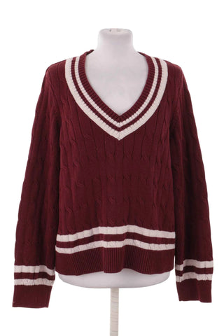 Sweter w serek warkoczowy w paski - Bordowy
