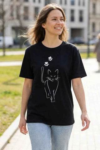 T-shirt  z nadrukiem kota - Czarny