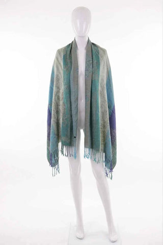 Szal we wzorek - Niebiesko-zielono-szary   100% pashmina