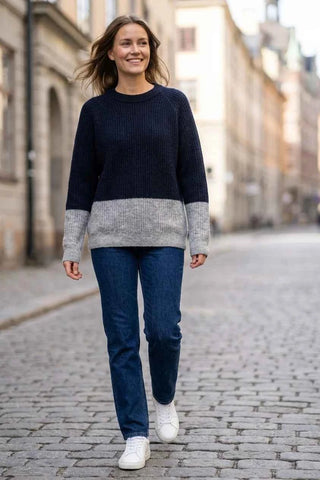 Sweter damski dzianinowy  - Granatowo-szary  25% wełna 5% moher