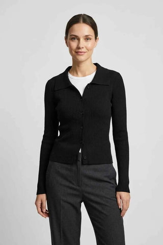 Sweter prążkowany z kołnierzykiem - Czarny