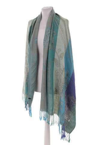 Szal we wzorek - Niebiesko-zielono-szary   100% pashmina