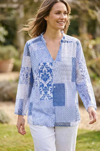 Bluzka damska patchwork niebiesko-biała